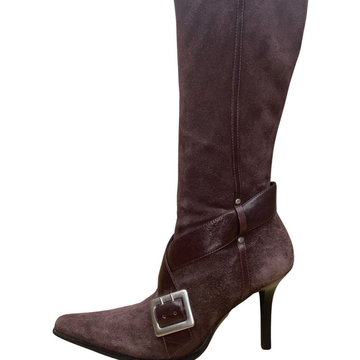 Guess Women’s Burgundy Suede Buckle Strap Stiletto Knee-High Goldie Boots Sz 6M