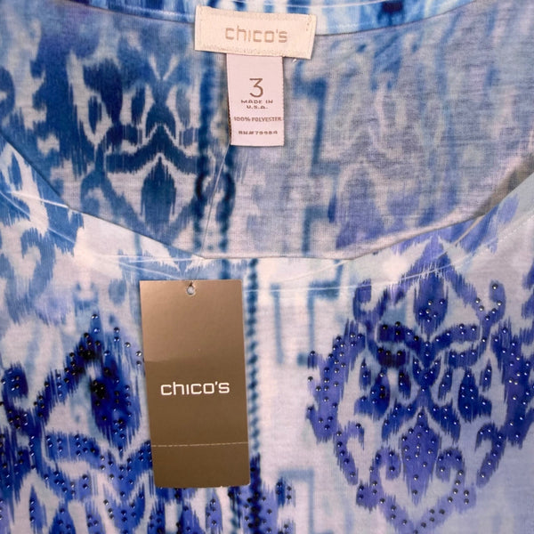 Chicos Womens Blue Ikat Print 3/4 Sleeve Top With Rhinestone Detail  Size 3