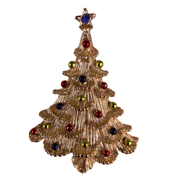 Vintage Gold Tone Christmas Tree Brooch Colorful Rhinestones Holiday Pin Jeweler
