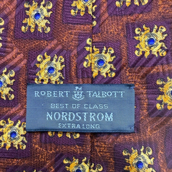 Robert Talbott Extra-Long Silk Mens Patterned Tie Brown/Yellow/Blue Hand Sewn