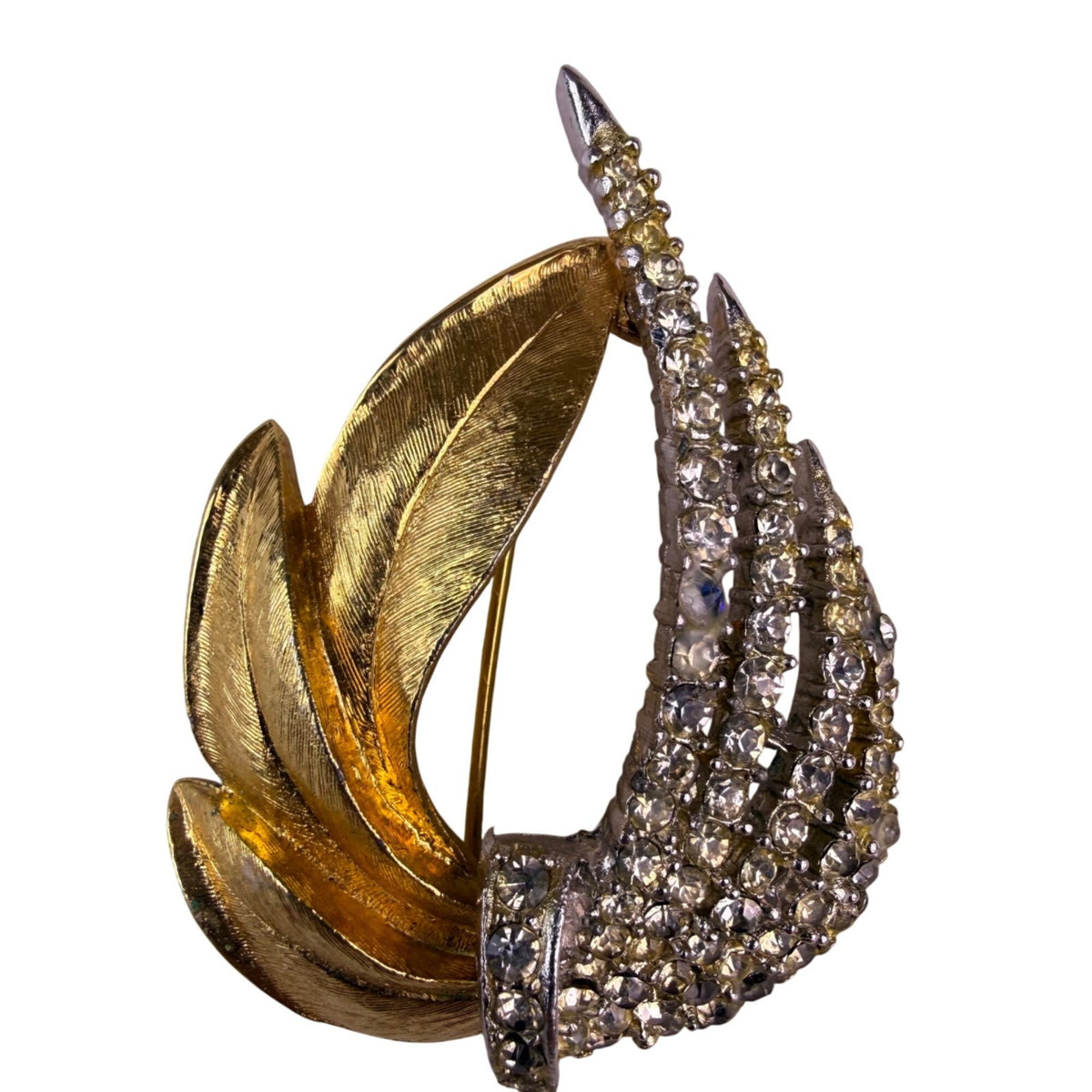 Mid-Century Gold Tone Rhinestone Feather Brooch Elegant Vintage Design