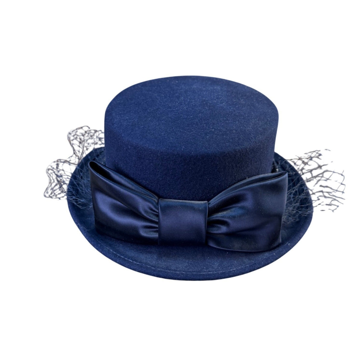 Michael Howard Womens Navy Wool Dress Hat With Bow & Netting Made In USA