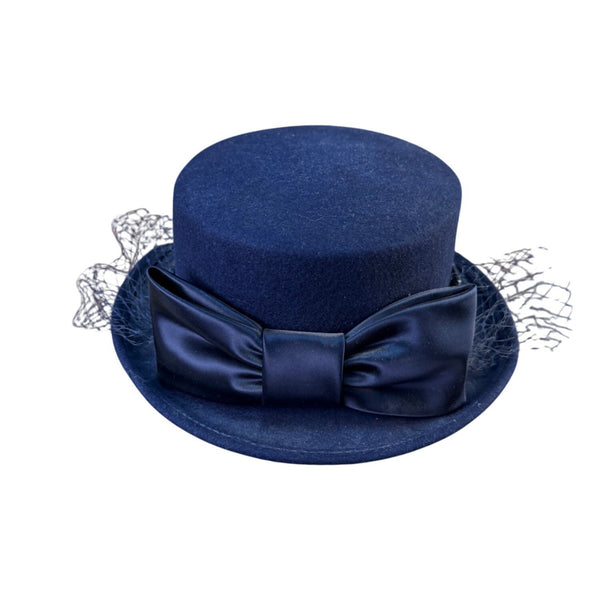 Michael Howard Womens Navy Wool Dress Hat With Bow & Netting Made In USA