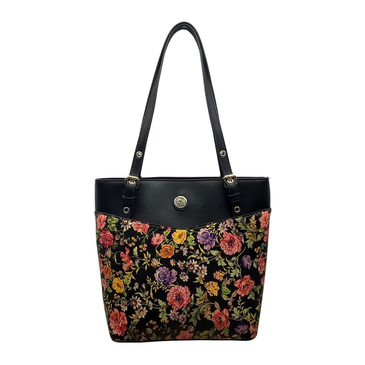Anne Klein Floral Print Black Faux Leather Gold Accent Zipper Closure Tote Bag