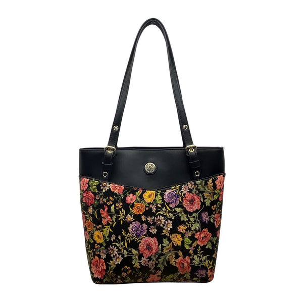 Anne Klein Floral Print Black Faux Leather Gold Accent Zipper Closure Tote Bag