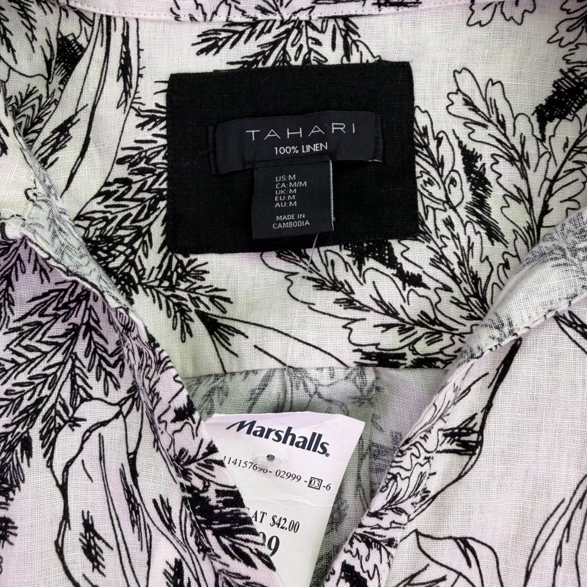 Tahari Womens Black/White Linen Long Sleeve Leaf Print Shirt Dress Sz M