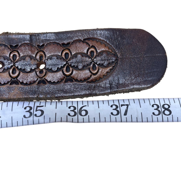 Brown Leather Mens Embossed Belt W/ Gold Oval Ship Engraved Buckle