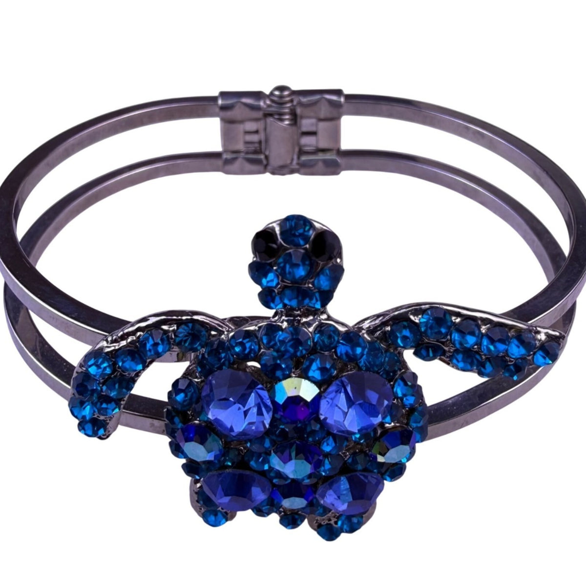 Silver Tone Womens Blue Rhinestone Turtle  Bracelet Adjustable Charm Jewelry
