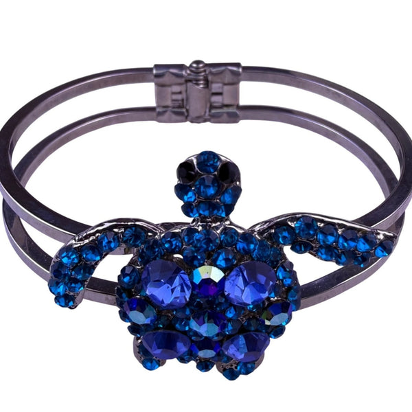 Silver Tone Womens Blue Rhinestone Turtle  Bracelet Adjustable Charm Jewelry