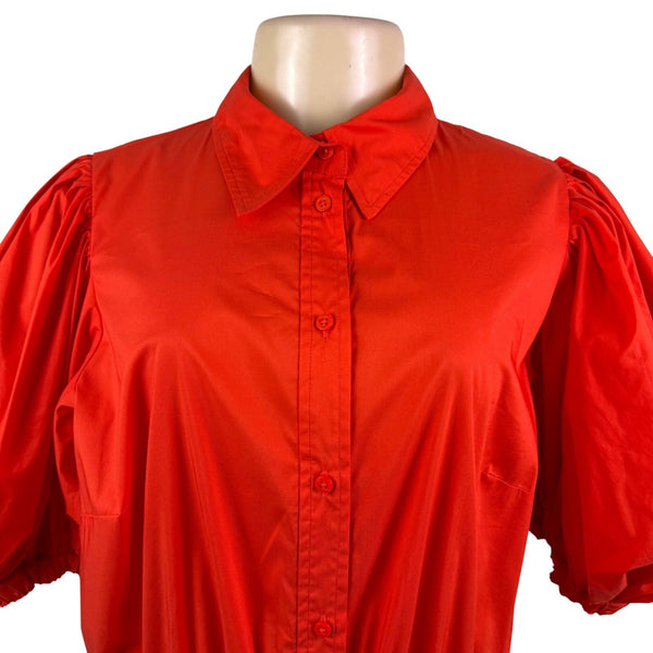 Lauren Ralph Lauren Womens Red Button-Up Puff Sleeve Midi Dress Sz 12 - New