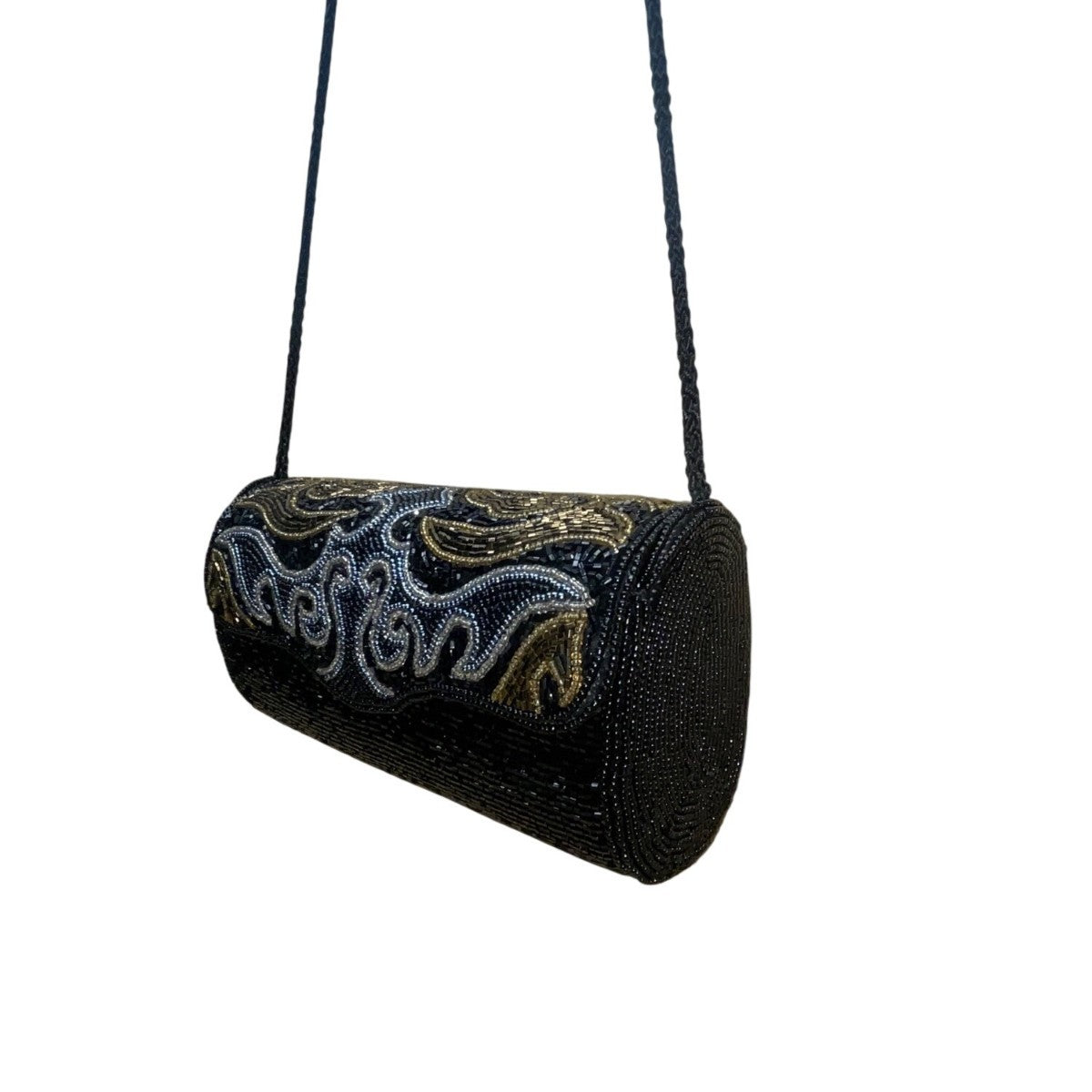 Milor Women’s Black & Gold Beaded Cylindrical Floral Design Shoulder Bag Clutch