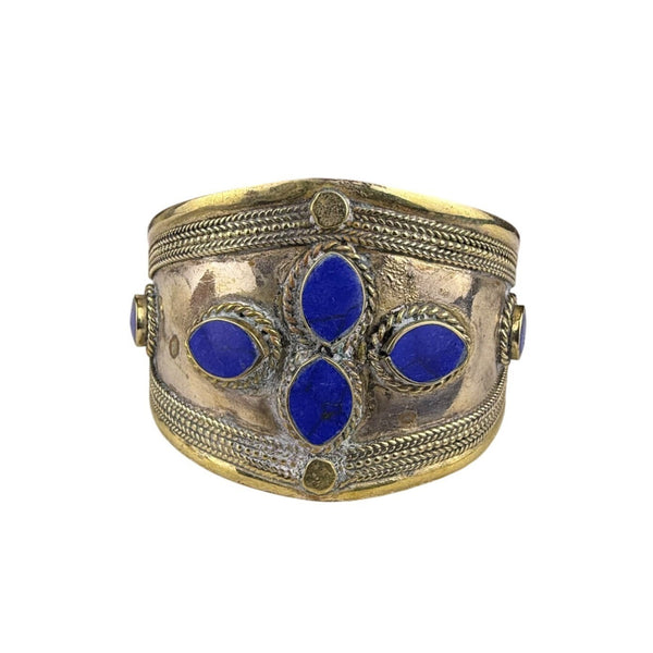 Vintage Handcrafted Cuff Bracelet Blue Lapis Silver & Gold Tone Adjustable Triba