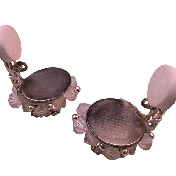 Vintage Womens Clear Silver Tone Crystal Beaded Clip-On Earrings