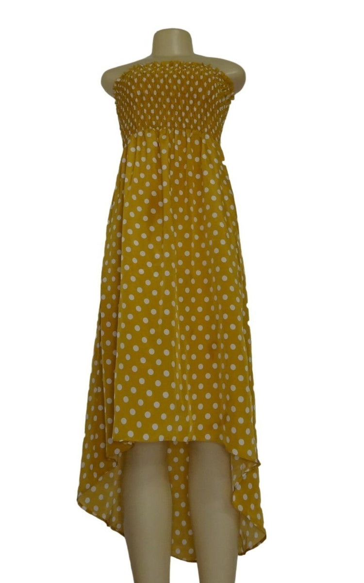 Women's Yellow & White Polka Dot Strapless High-Low Dress By Angie