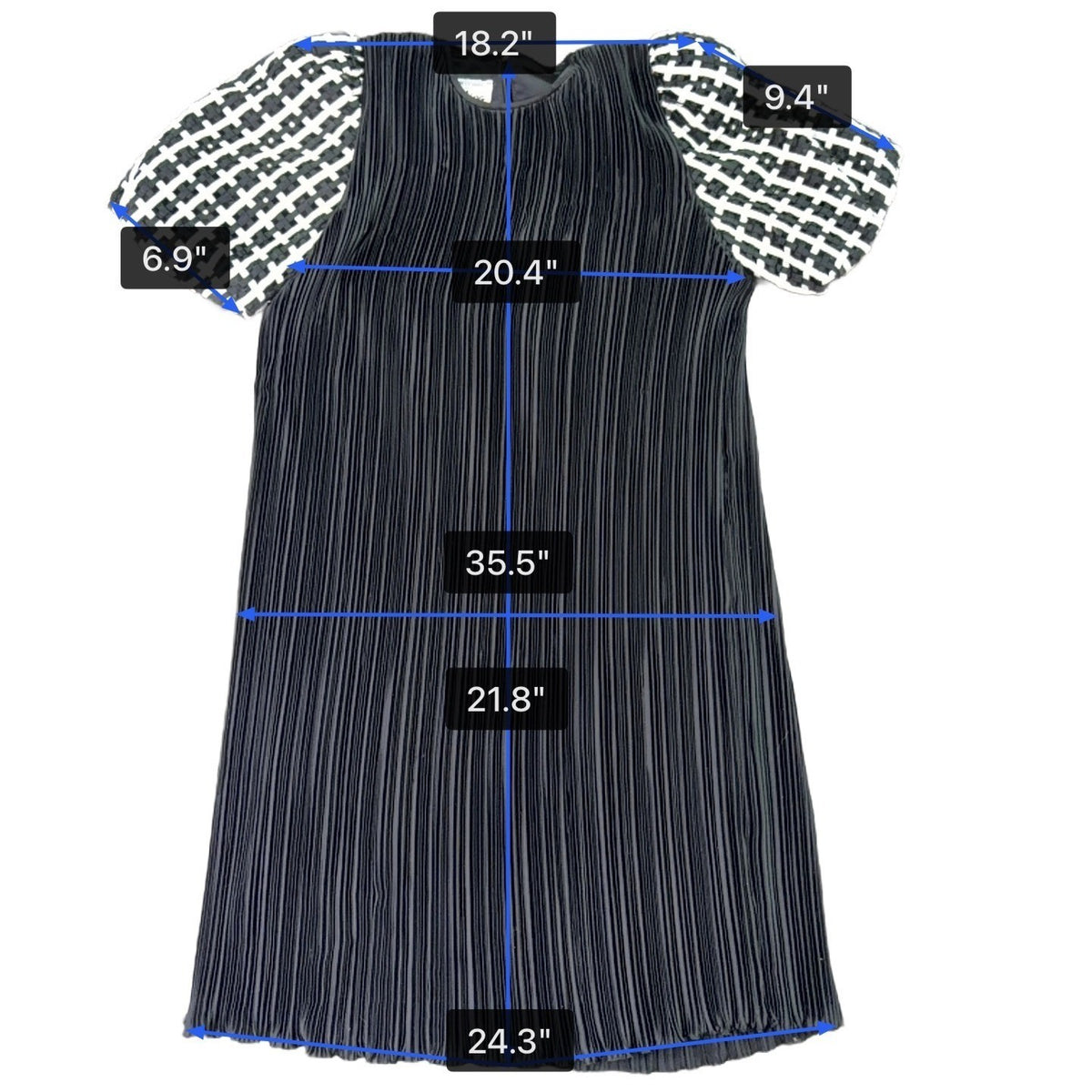 Ann Hobbs For Cattiva Womens Black Pleated Dress W/ Puff Sleeves Checked Sz M