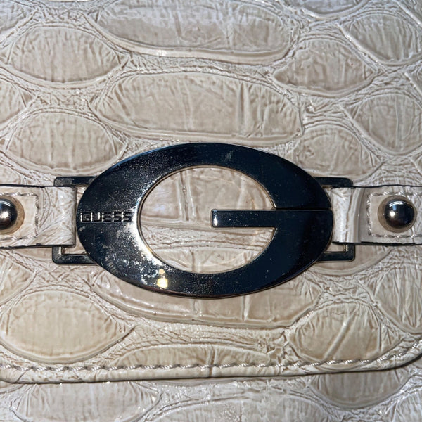 Vintage Guess Women’s Beige Faux Leather Croc Embossed G Logo Y2K Satchel Bag