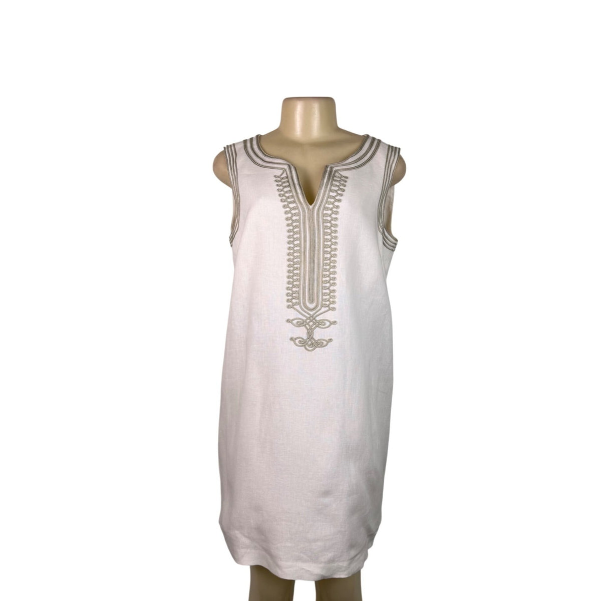 Michael Kors Womens White Linen Sleeveless Shift Dress Embroidered Accent Sz 12