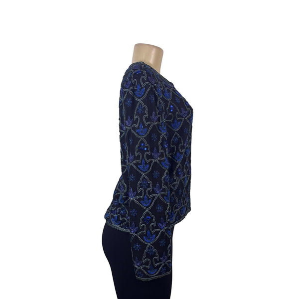 Laurence Kazar Womens Black & Blue Silk Beaded Floral Jacket Elegant Size M