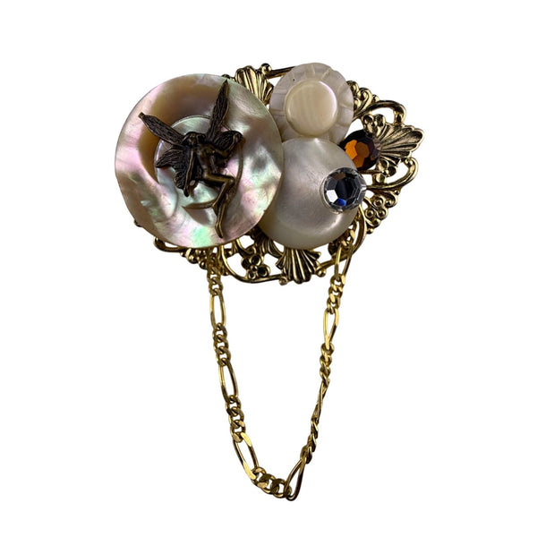 Vintage Gold Tone Filigree Fairy Brooch With Mother Of Pearl & Rhinestone