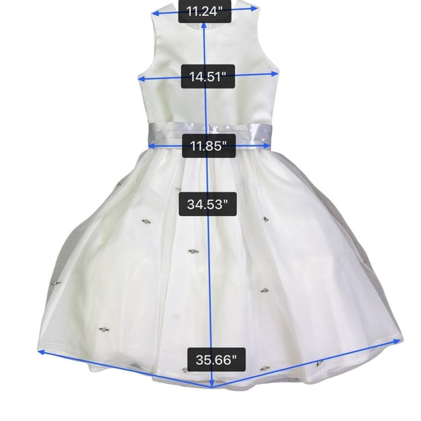 US Angels Girls White Satin Dress W Silver Embellished Tulle Skirt & Bow Size 14
