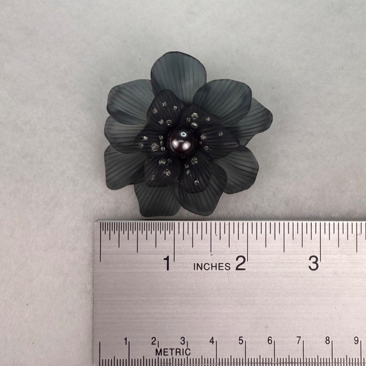 Monet Womens Black Metal Floral Brooch With Faux Pearl Center Pin Elegant Gift