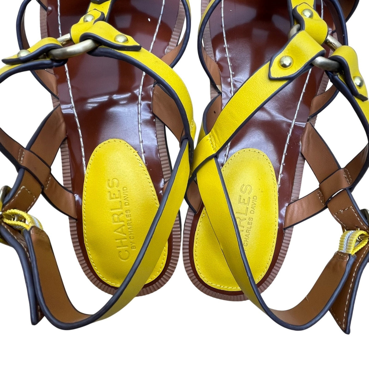Charles David Yellow/Brown Leather Adjustable Strappy Sandals Sz 10M - New