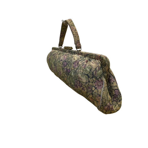 Vintage Women’s Green & Purple Floral Brocade Metal Bamboo Clasp Clutch Bag