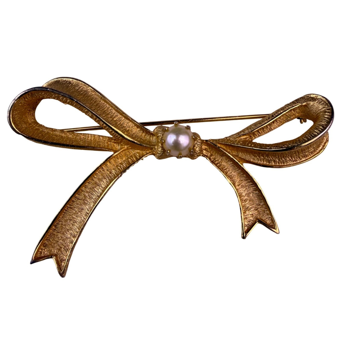 Marvella Ladies Gold Tone Faux Pearl Ribbon Bow Brooch Vintage Jewelry Pin
