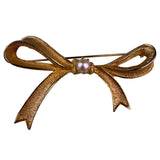 Marvella Ladies Gold Tone Faux Pearl Ribbon Bow Brooch Vintage Jewelry Pin