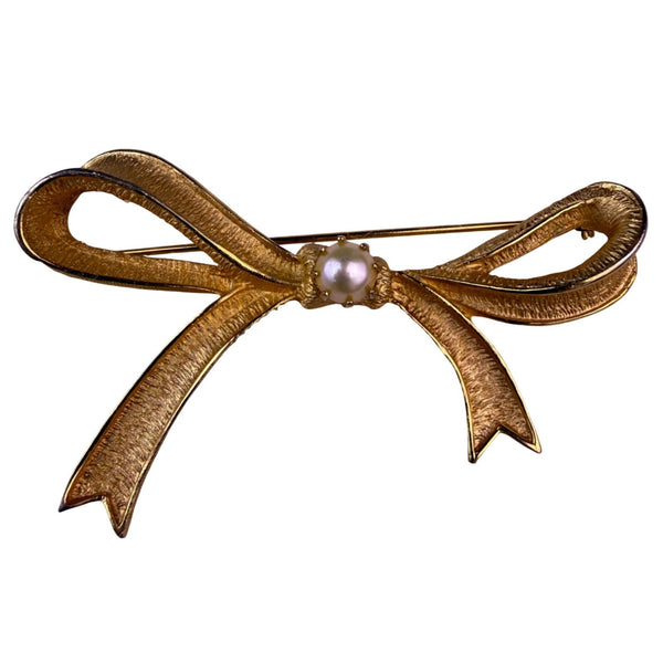 Marvella Ladies Gold Tone Faux Pearl Ribbon Bow Brooch Vintage Jewelry Pin