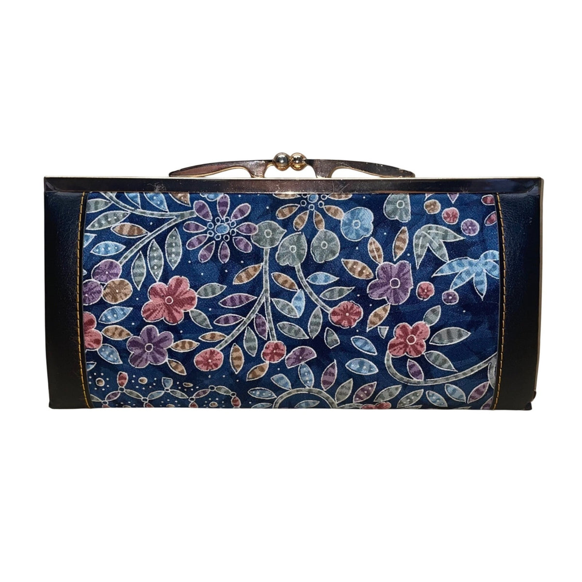 Japanese Women’s Blue Fabric & Metal Floral Pattern Clasp Wallet
