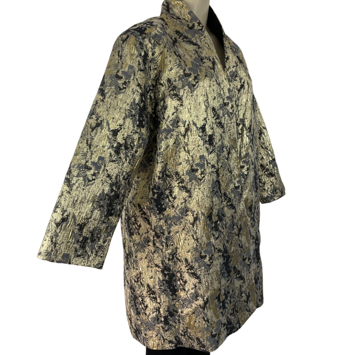Natori Women's Gold & Black Metallic Brocade Open Front Long Sleeve Coat Sz M