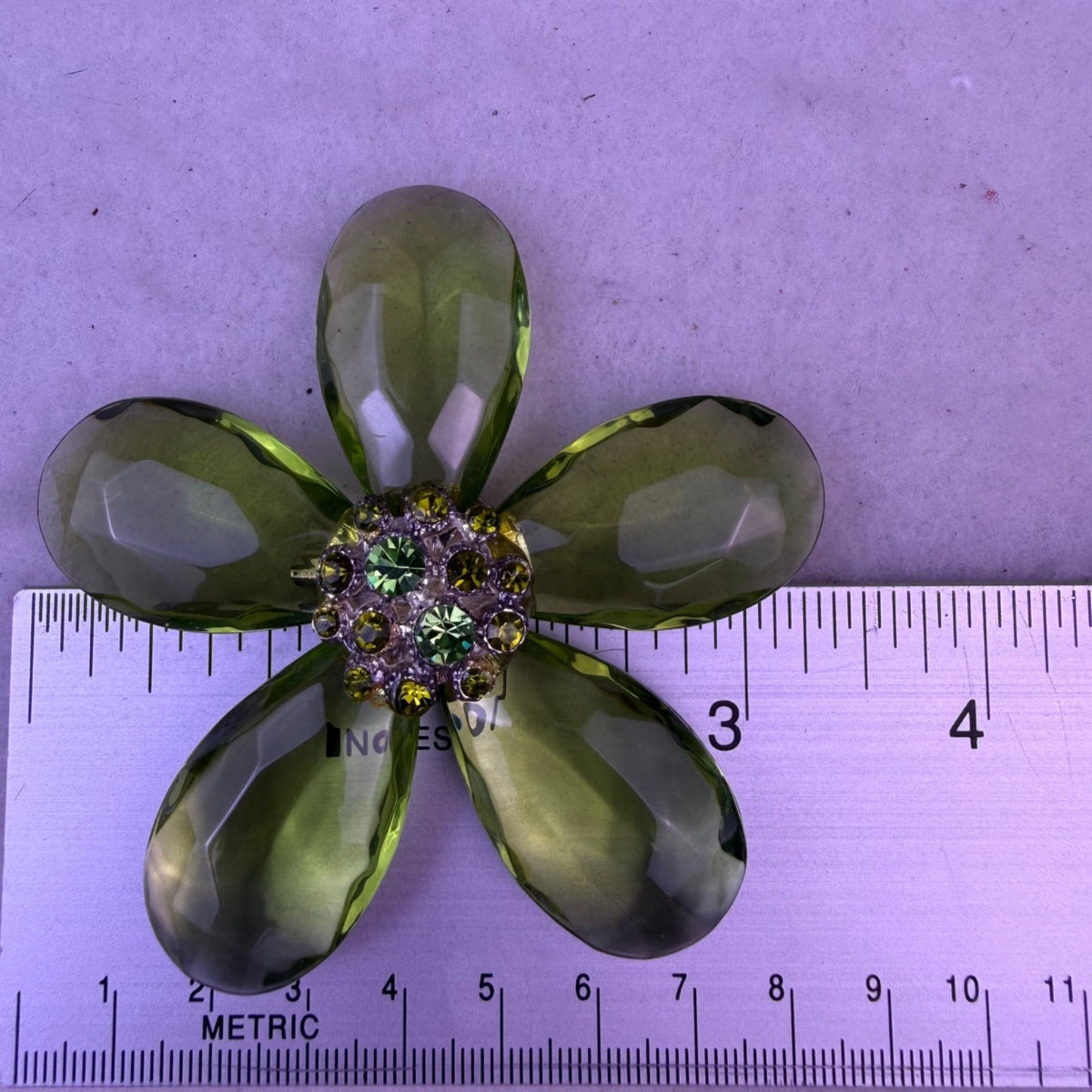 Vintage Womens Green Lucite Floral Brooch Rhinestone Accents