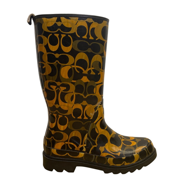 Coach Womens Black & Yellow Rubber Patterned Paisley Rain Boots Size 8M