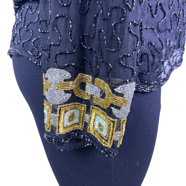 Chetan Creations Black Silk Hand Woven Sequined Beaded Top Gold V-Neck Sz M