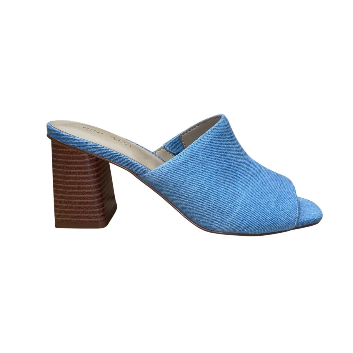 Nine West Women’s Blue Denim Open-Toe Wylow 7 Block Heel Mules Size 7M