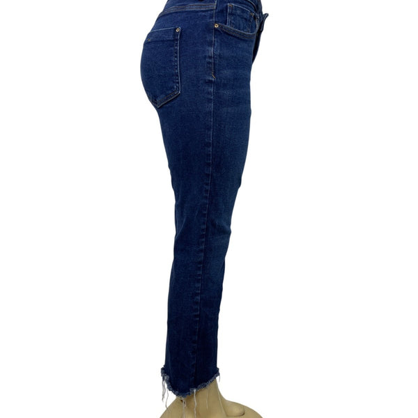 Zara Women's Navy High-Rise Cropped Bootcut Jeans With Frayed Hem Sz M