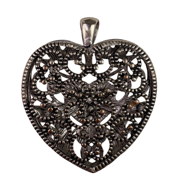 Silver Tone Womens Rhinestone Filigree Puffy Heart Pendant Jewelry Statement