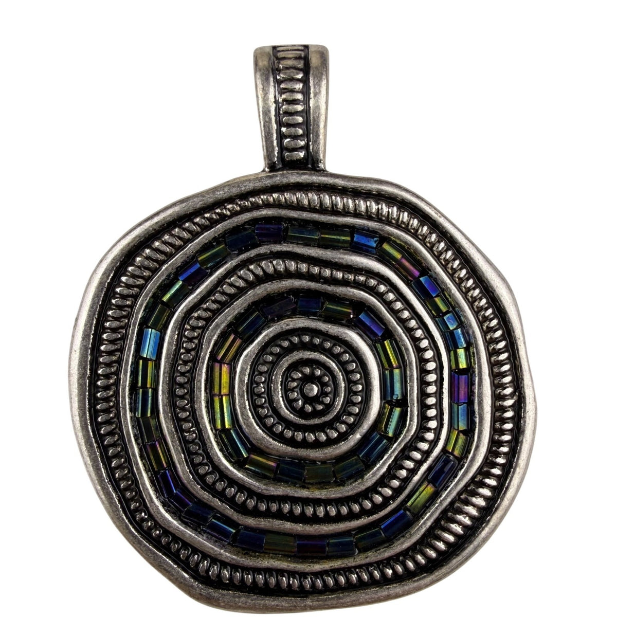 Silver Tone Magnetic Reversible Pendant Jewelry Multi-Color Glass Bead Circular