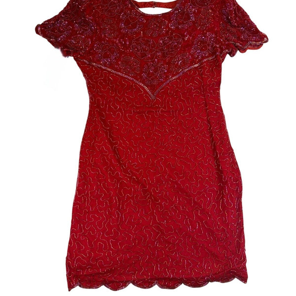 Swee Lo Womens Red Silk Beaded Cocktail Party Dress Rayon Lining Size L 10-12
