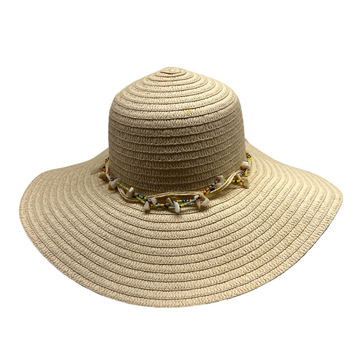 Head Wear Wide Brim Straw Sun Hat With Beaded & Shell Band For Women