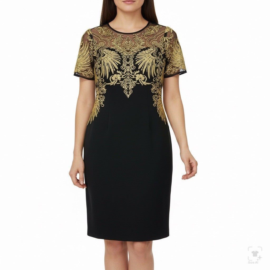 Joryaxuan Black & Gold Embroidered Sheath Dress Short Sleeve Mesh Detail Sz M