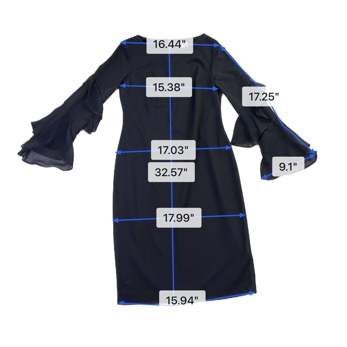 Calvin Klein Women Black Polyester Spandex Bell Sleeve Sheath Dress Size 10