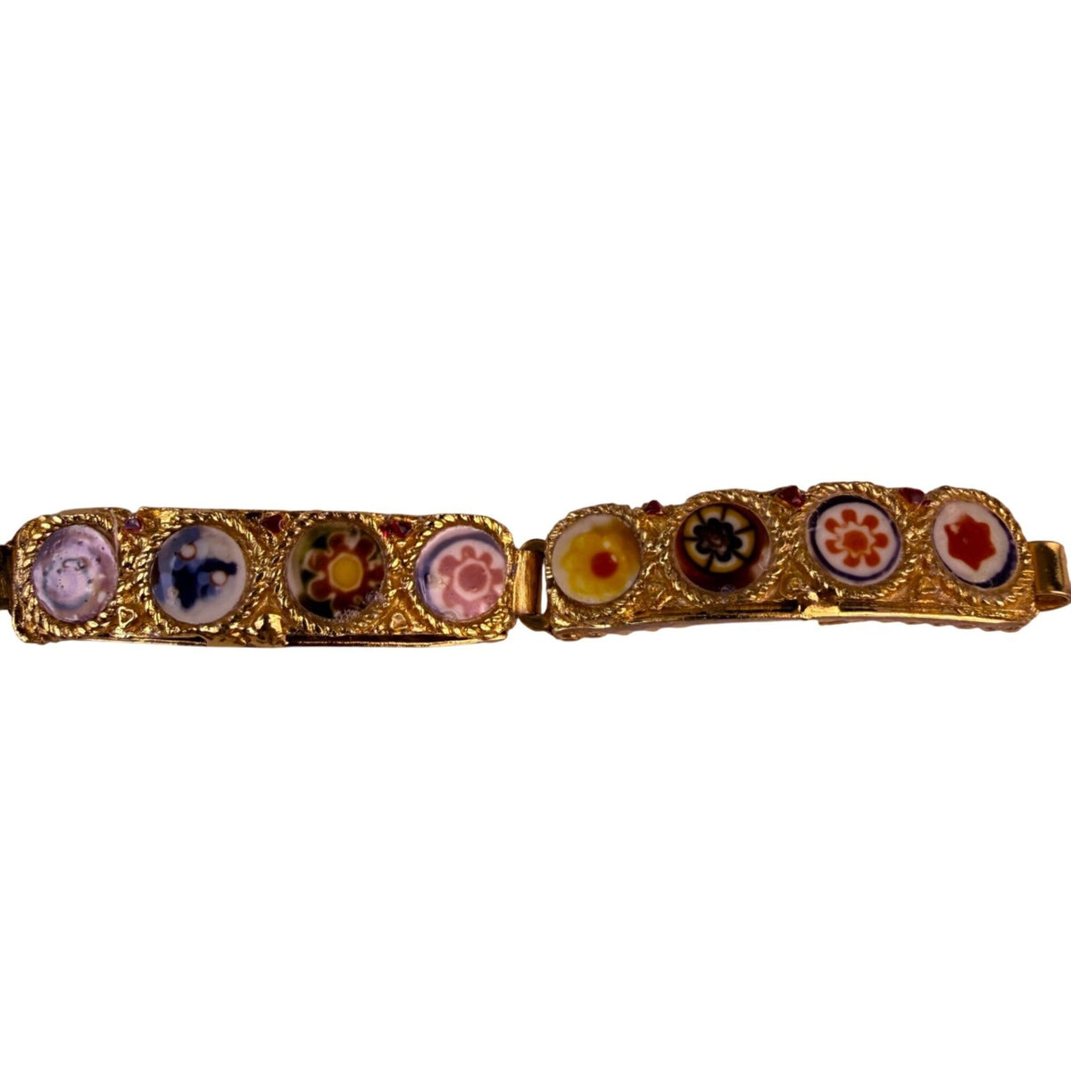 Antique Italian Gold-Tone Womens Micro Mosaic Bracelet Circular Floral Design