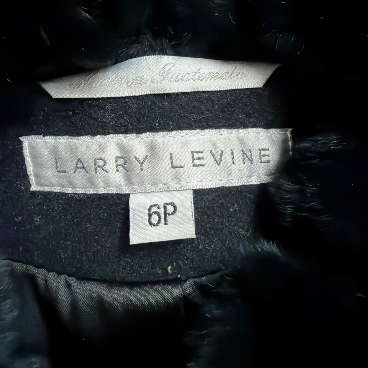 Larry Levine Womens Black Wool Blend Coat With Genuine Rex Rabbit Fur Collar 6P