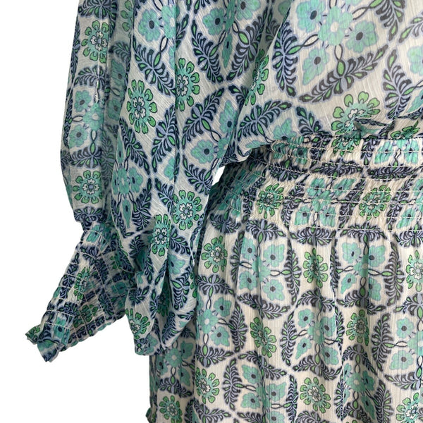 Lovestitch Women’s Blue & Green Floral Print V-Neck Long Sleeve Mini Dress Sz S