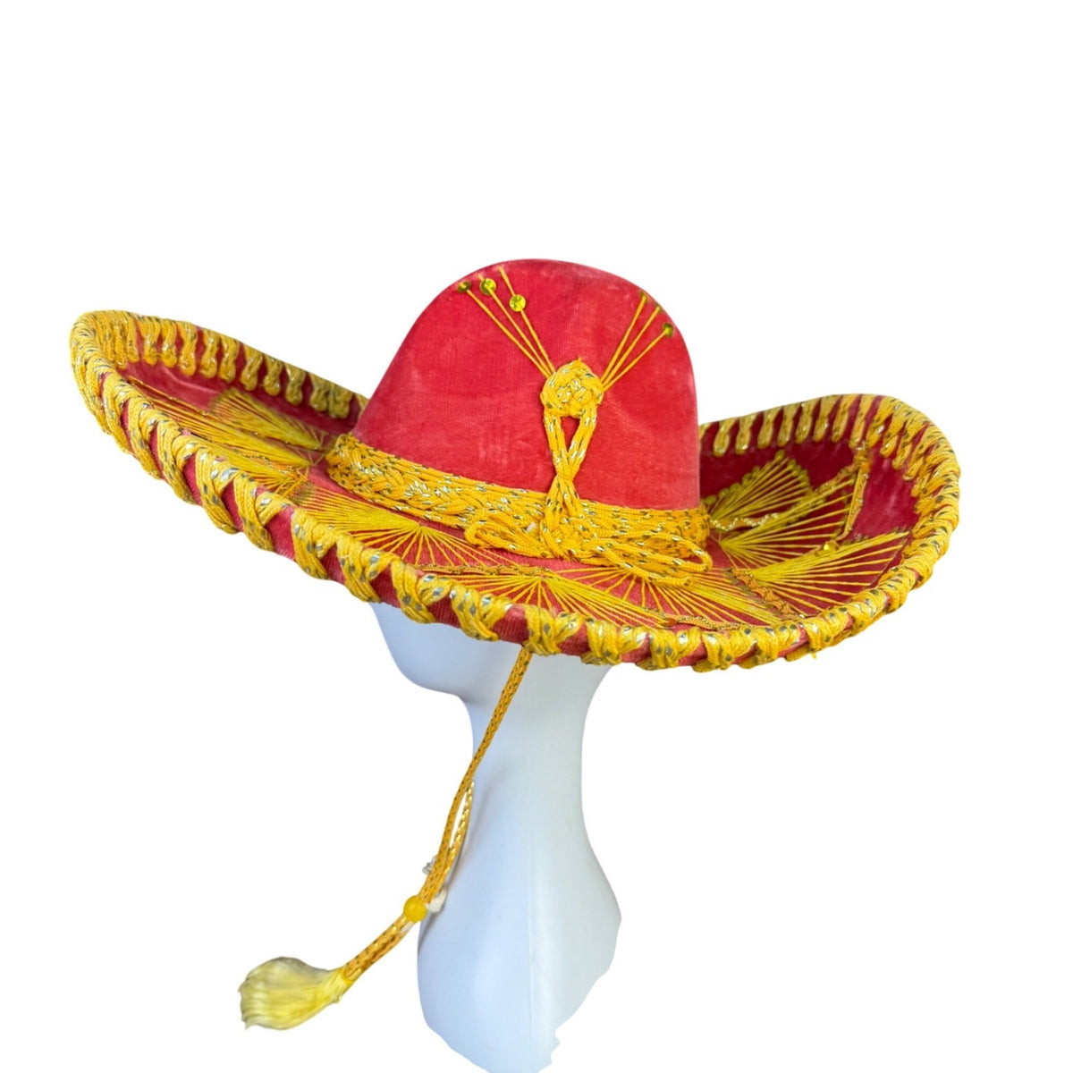 PIGALLE Unisex Red Felt Embroidered Mariachi Sombrero Gold Trim Sequin Accents