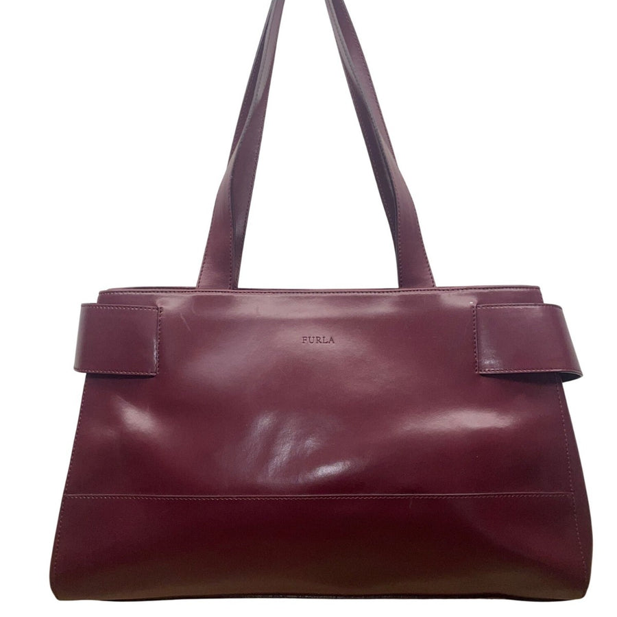 Furla Womens Burgundy Leather Genuine Italian Double Shoulder Straps Tote Bag