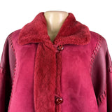 Oscar De La Renta Womens Red Shearling & Leather Long Coat Button Detail Size 8