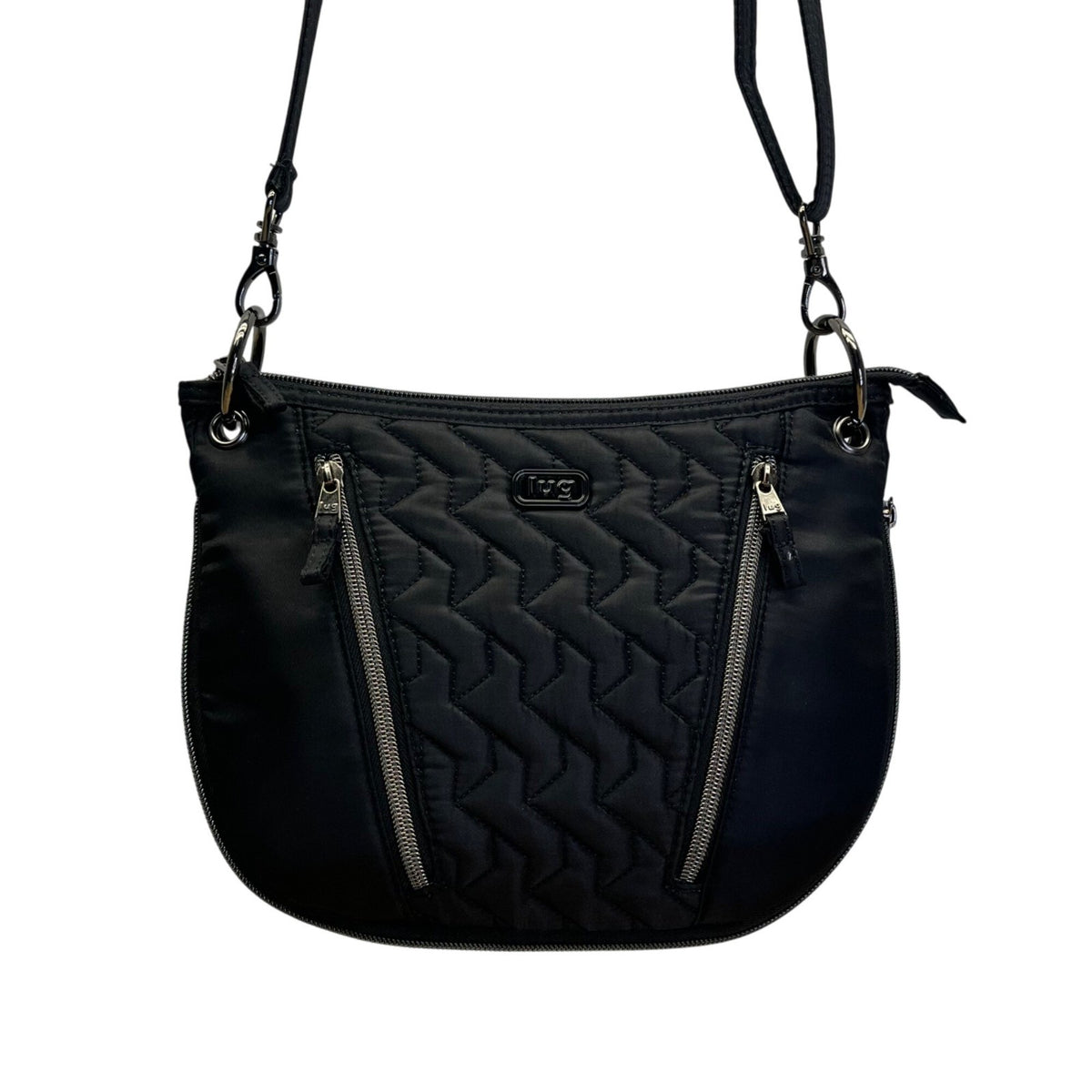 Lug Quilted Black Nylon Adjustable Strap & Zipper Pockets Swivel Crossbody Bag